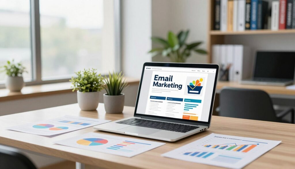 A modern office workspace filled with vibrant yet professional elements that symbolize effective email marketing. In the foreground, a well-organized desk with a laptop open to a visually appealing newsletter template. Surrounding the laptop are colorfully illustrated charts and graph papers showing positive trends, representing valuable content. In the middle ground, a large window allows soft, natural daylight to illuminate the scene, creating an inviting atmosphere. Plants in decorative pots add a touch of greenery. In the background, bookshelves filled with marketing and business strategy books emphasize knowledge and learning. The overall mood is inspirational and productive, embodying the essence of delivering relevant content with genuine value. Use a shallow depth of field to keep the focus on the desk while softly blurring the background.