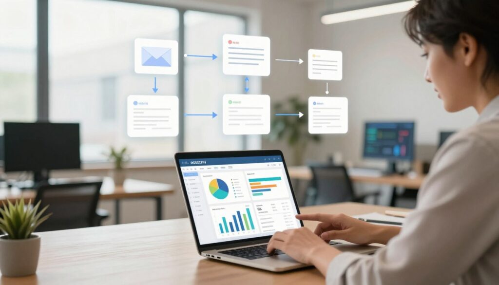 A modern, sleek digital workspace depicting automated email marketing funnels. In the foreground, a professional person in business attire is focused on a laptop, analyzing colorful graphs and email templates on the screen. The middle layer shows floating visual representations of email sequences, connecting nodes symbolizing customer journeys through automated email campaigns. The background features a bright, airy office with large windows, allowing natural light to illuminate the scene. Include subtle hints of technology, like digital screens displaying analytics. The atmosphere is productive and innovative, conveying a sense of efficiency and growth, with a warm color palette to evoke a positive vibe.