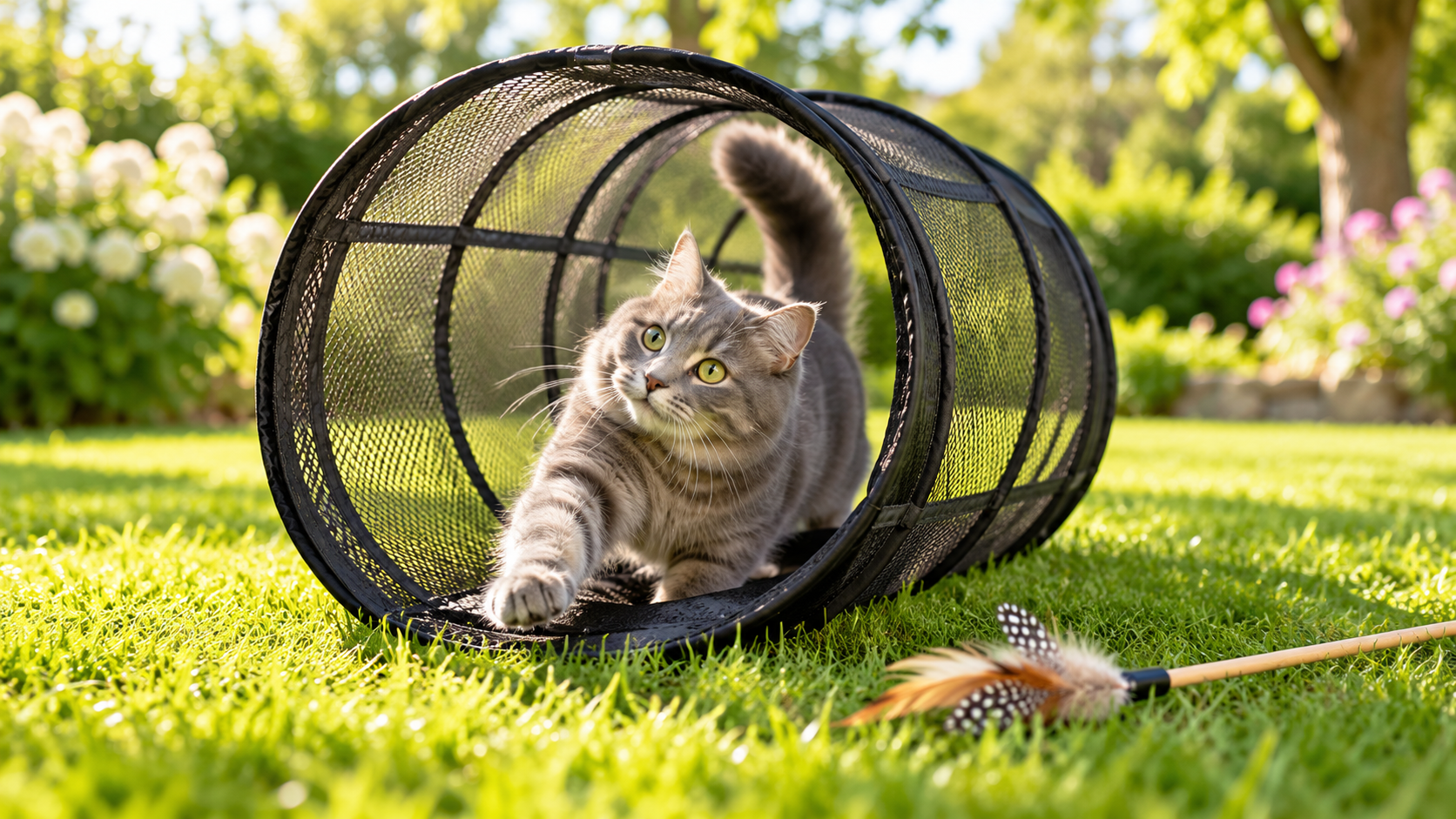 Graue Katze in einem schwarzen faltbaren Netz-Laufball auf einer Gartenwiese