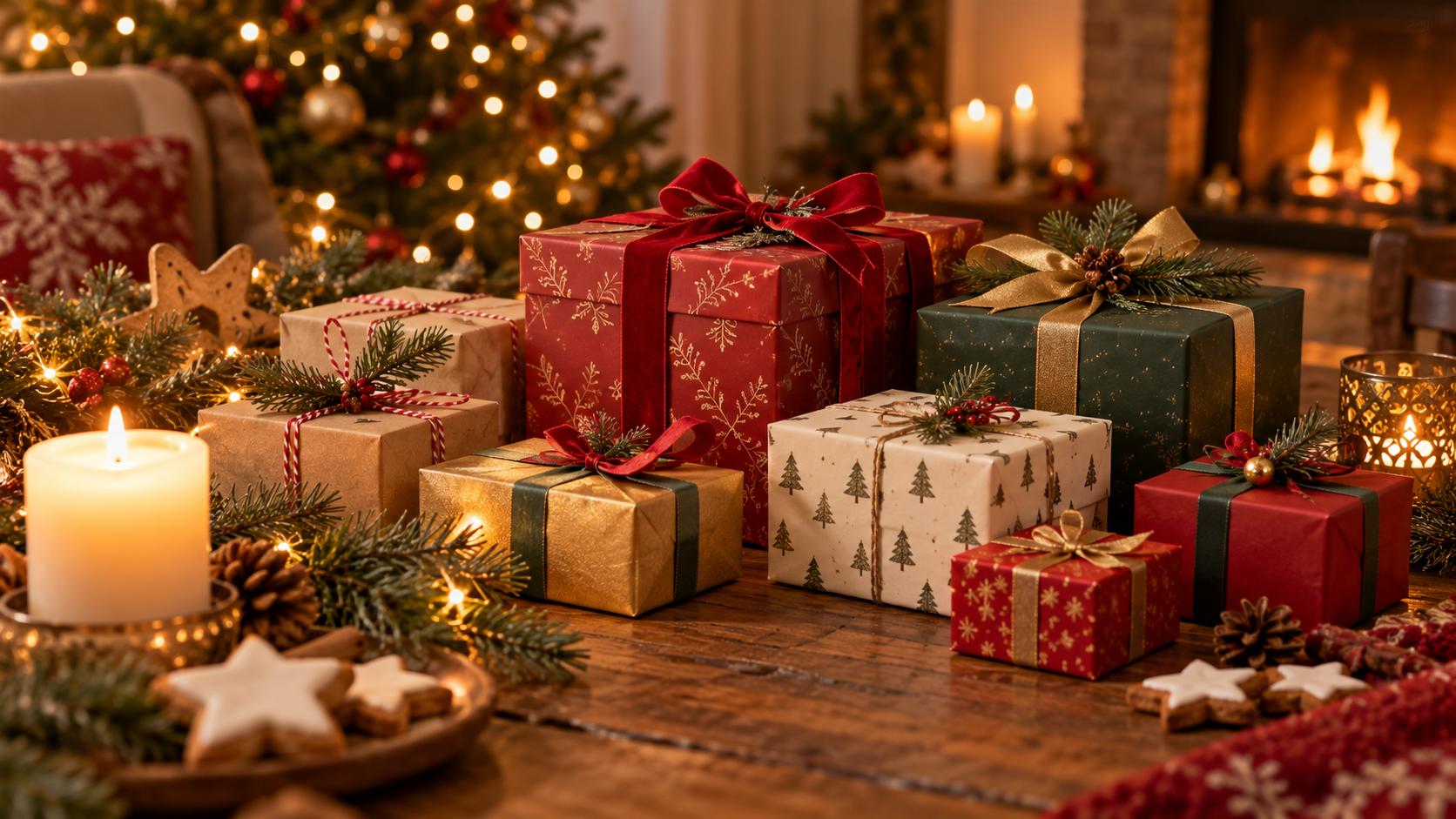 Weihnachtlich verpackte Geschenke auf einem Holztisch vor dem Kamin
