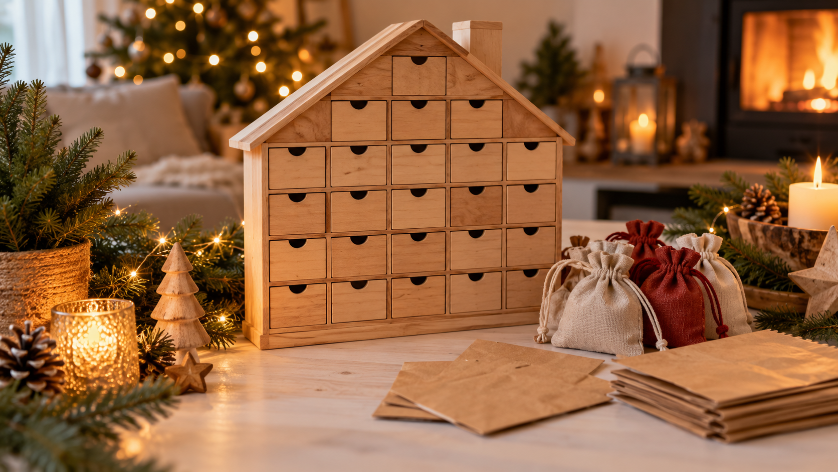 Adventskalender aus Holz in Hausform mit 24 Schubladen, daneben Stoffsäckchen und Papiertüten zum Befüllen
