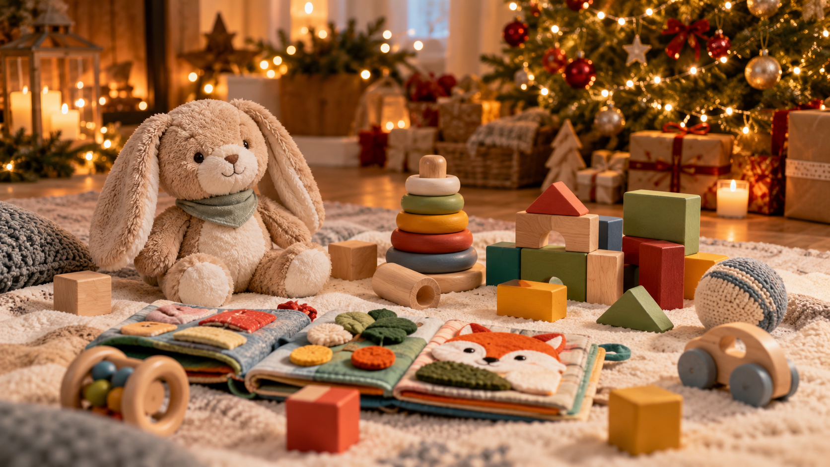 Babyspielzeug unterm Weihnachtsbaum: Plüschhase, Stapelturm, Holzbausteine und Stoffbuch