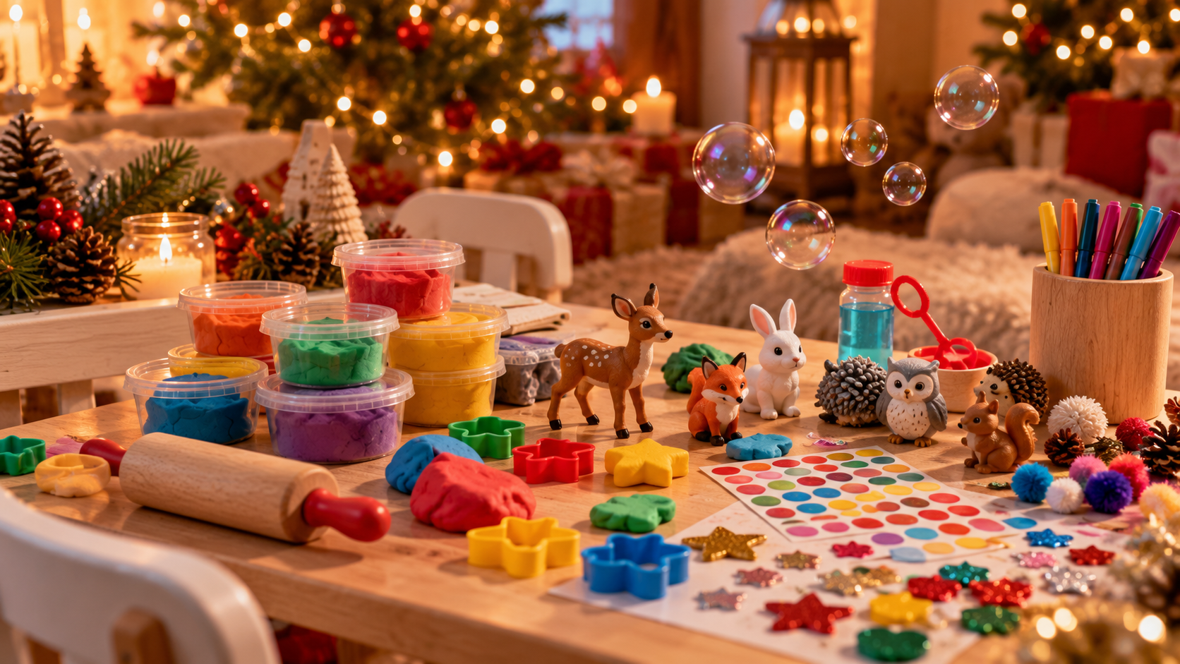 Bunte Knete, Ausstechformen, Tierfiguren und Sticker auf einem Kindertisch zur Weihnachtszeit