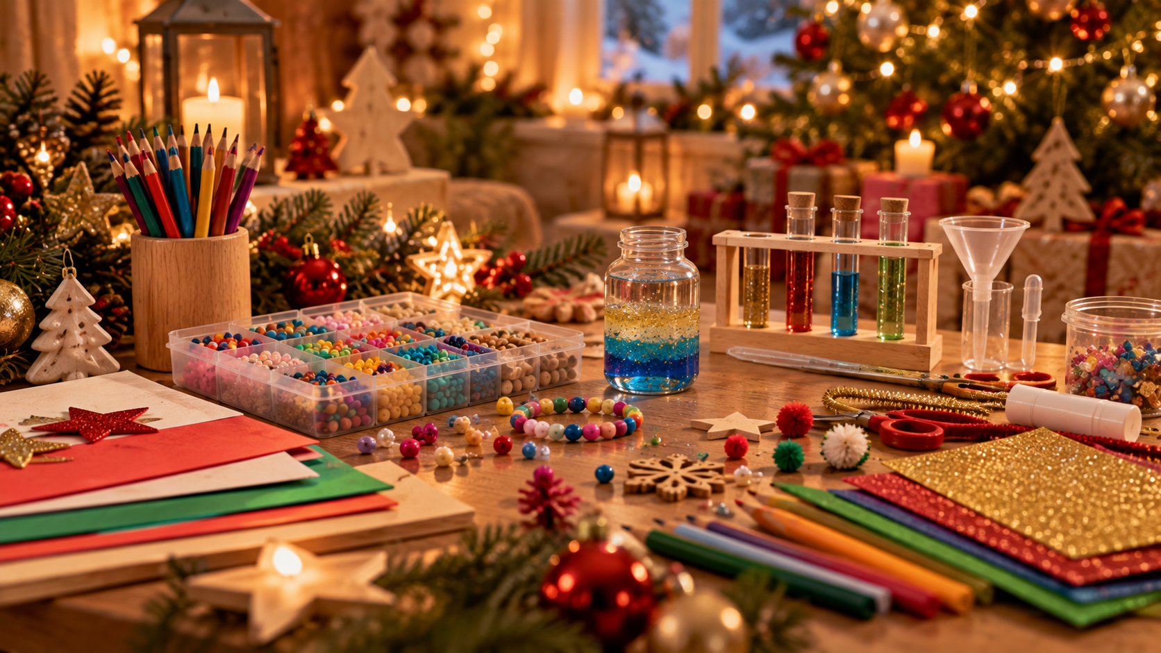 Bastelmaterial und Experimentierset mit Perlen, Reagenzgläsern, Buntstiften und Glitzerpapier