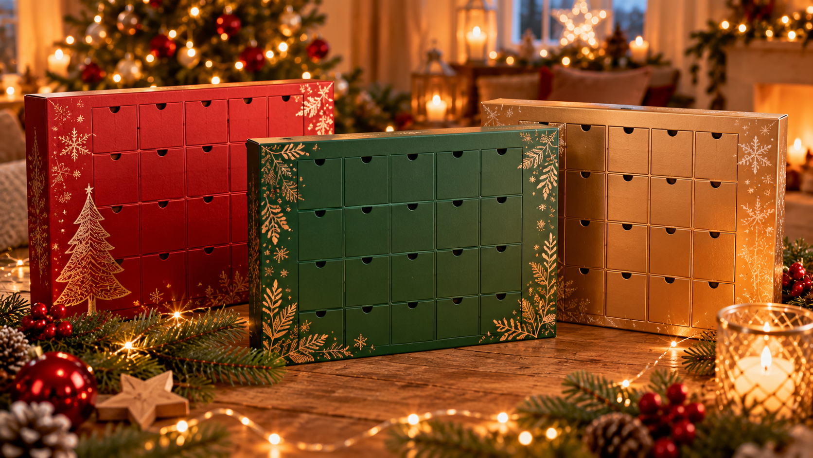 Drei Adventskalender-Boxen mit Türchen in Rot, Grün und Gold auf einem Holztisch