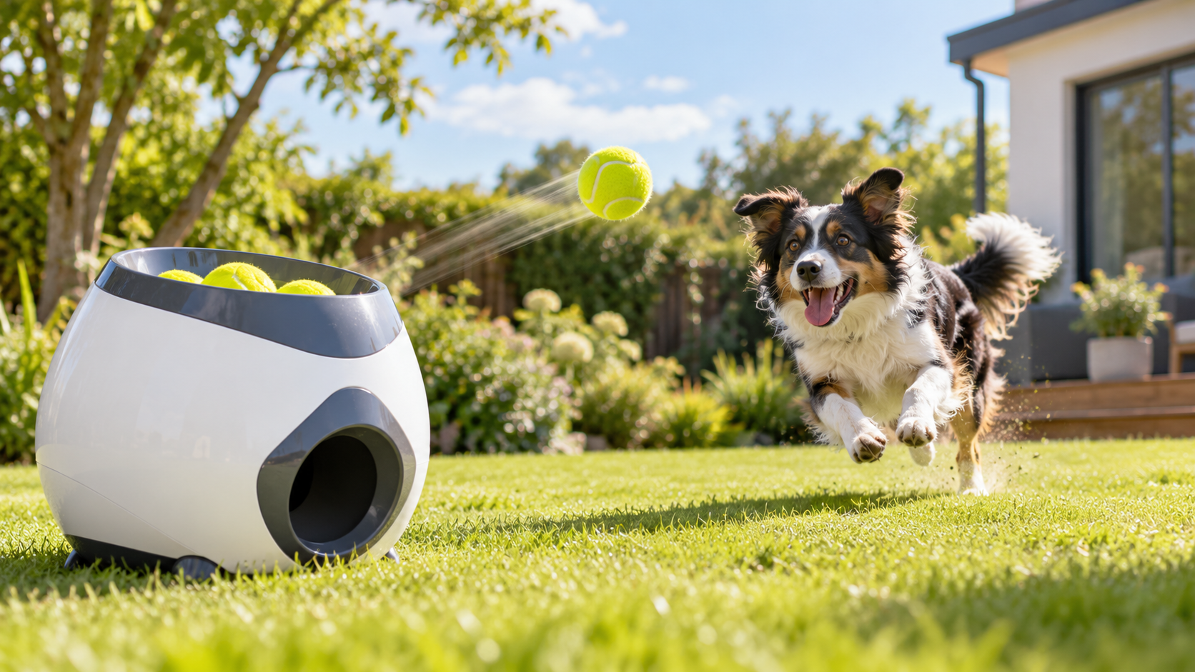 Weiße Ballwurfmaschine im Garten wirft einen Tennisball, ein dreifarbiger Hund rennt freudig hinterher