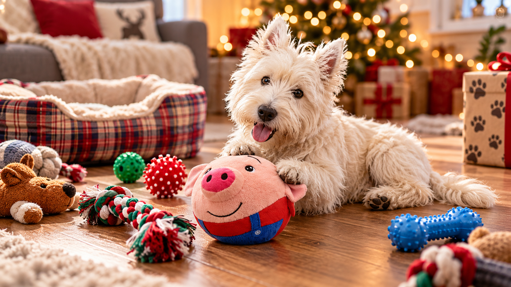 Weißer Terrier liegt vor dem Weihnachtsbaum und spielt mit einem runden Plüsch-Schwein, daneben weiteres Hundespielzeug