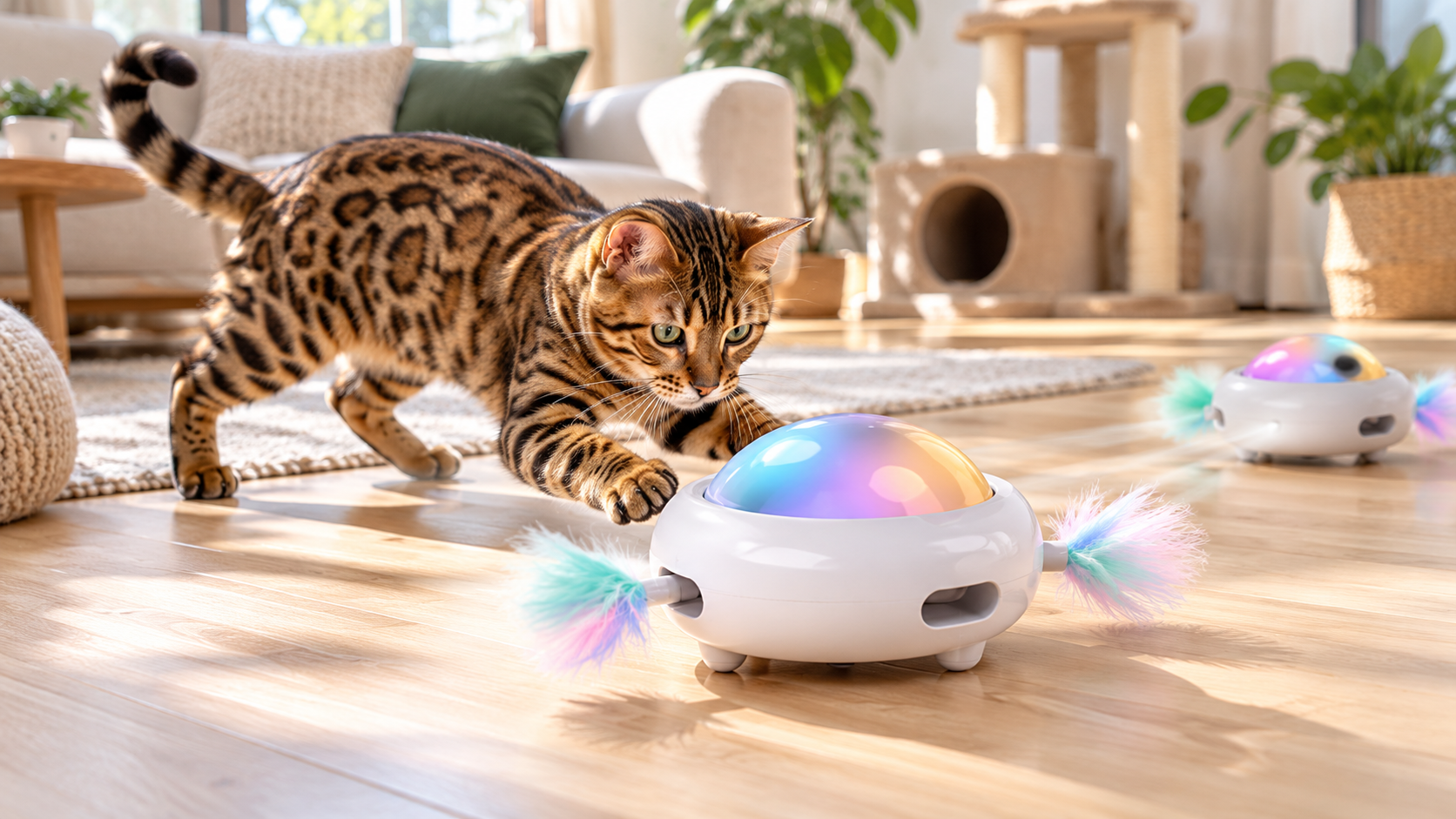 Getigerte Katze tatzt nach einem weißen interaktiven Spielzeug mit bunten Federn auf dem Wohnzimmerboden