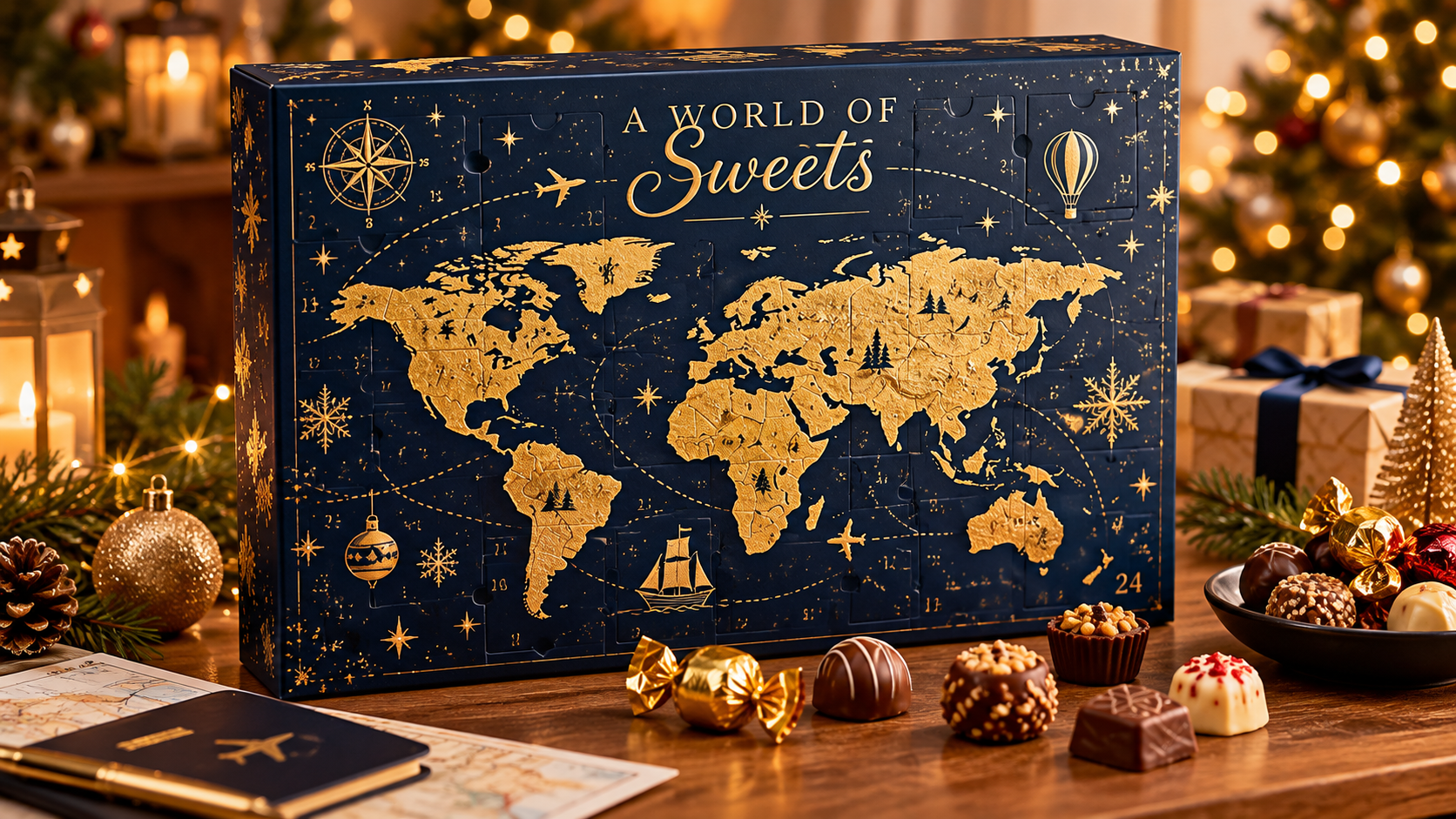 Dunkelblauer Adventskalender mit goldener Weltkarte, davor Pralinen und Bonbons auf einem Holztisch