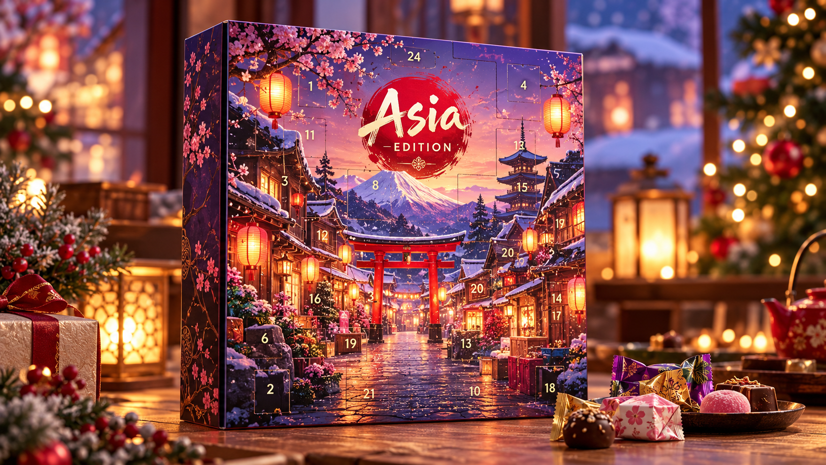 Adventskalender im Asia-Design mit Kirschblüten, Laternen und Berg Fuji, daneben asiatische Süßigkeiten