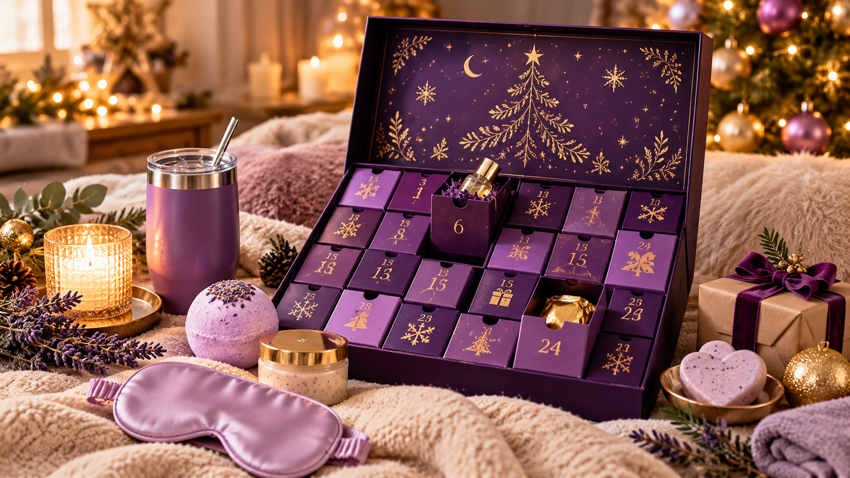 Geöffneter lila Wellness-Adventskalender mit goldenen Sternen, davor Badekugel, Schlafmaske, Kerze und Lavendel auf einer Kuscheldecke