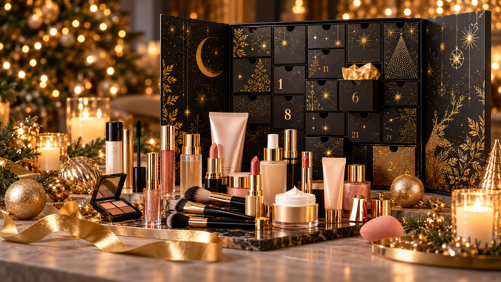 Schwarz-goldener Beauty-Adventskalender mit Lippenstiften, Cremes, Pinseln und Lidschatten vor einem Weihnachtsbaum