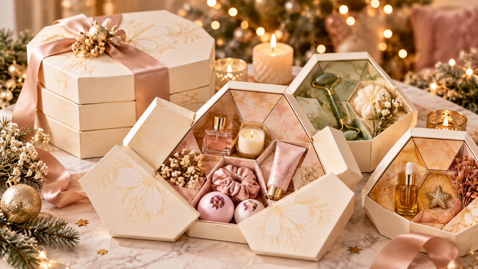 Geöffnete cremefarbene Geschenkboxen mit Parfüm, Kerze, Badekugeln, Haargummi und Gesichtsroller zwischen Lichterketten