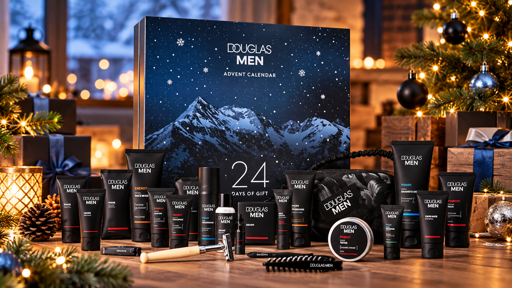 Dunkelblauer Pflege-Adventskalender für Männer mit Bergmotiv, davor schwarze Pflegetuben, Rasierer und Kulturtasche