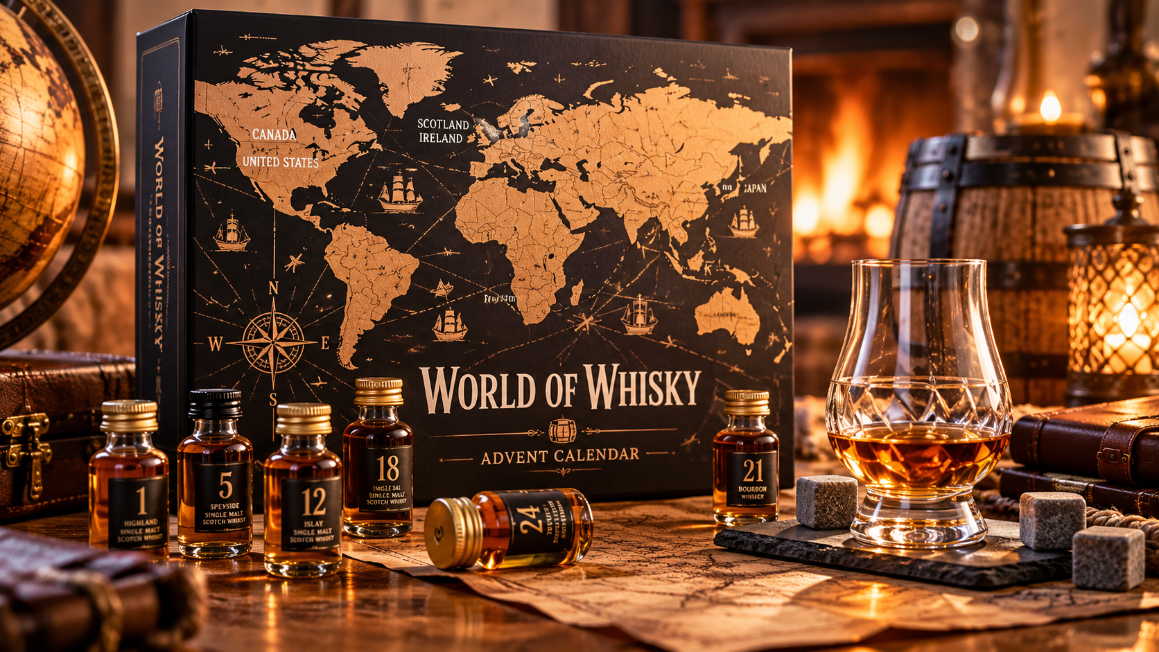 Whisky-Adventskalender mit Weltkarte, davor nummerierte Whisky-Probierfläschchen und ein Nosing-Glas am Kamin