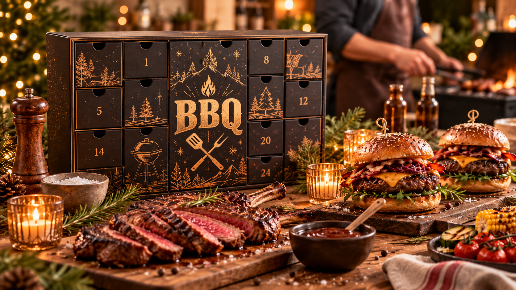 Dunkler BBQ-Adventskalender mit Grillmotiven, davor Steak, Burger und eine Schale Grillsauce auf einem Holztisch