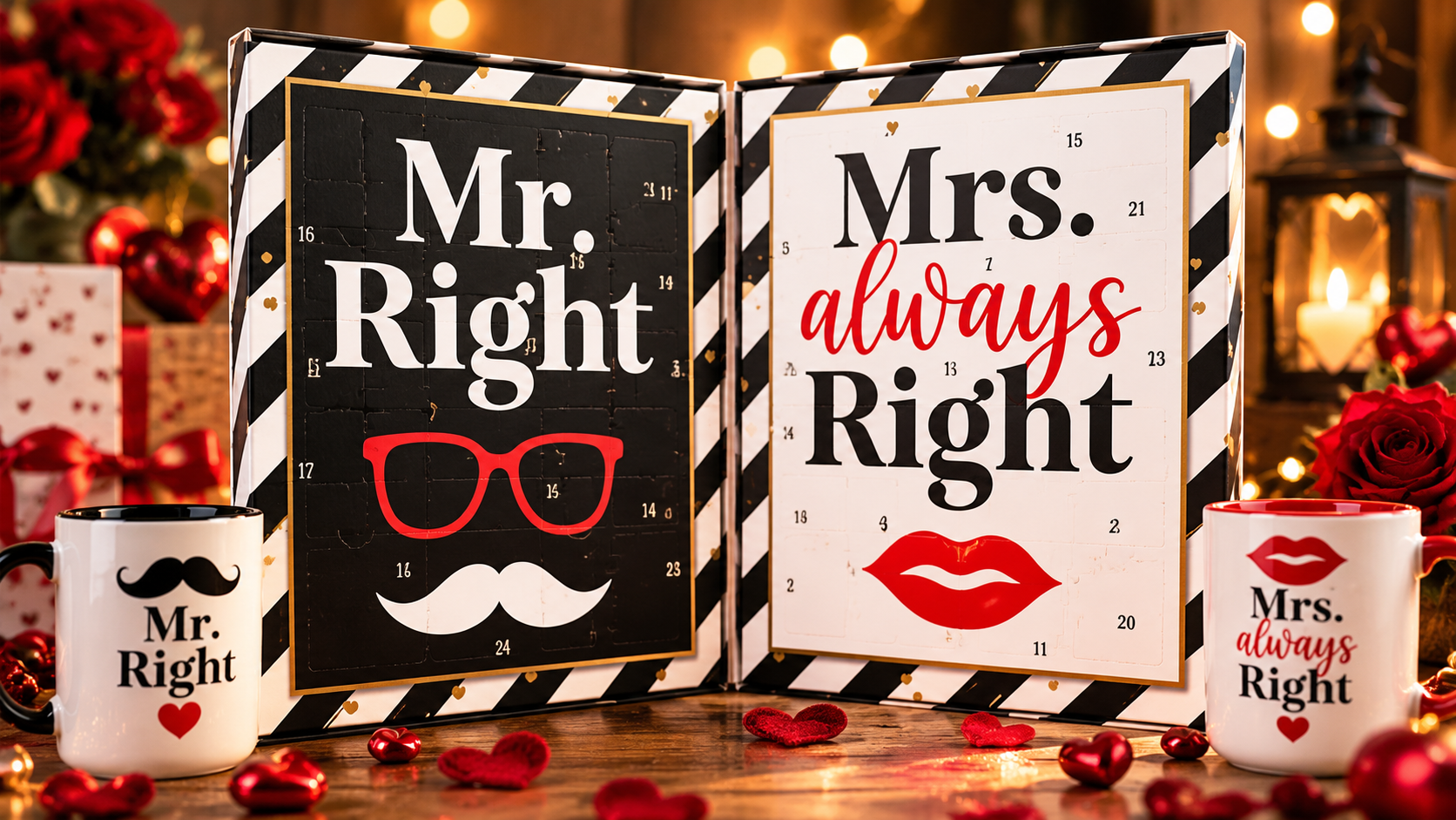 Aufgeklappter Paar-Adventskalender mit den Aufschriften Mr. Right und Mrs. always Right, daneben passende Tassen