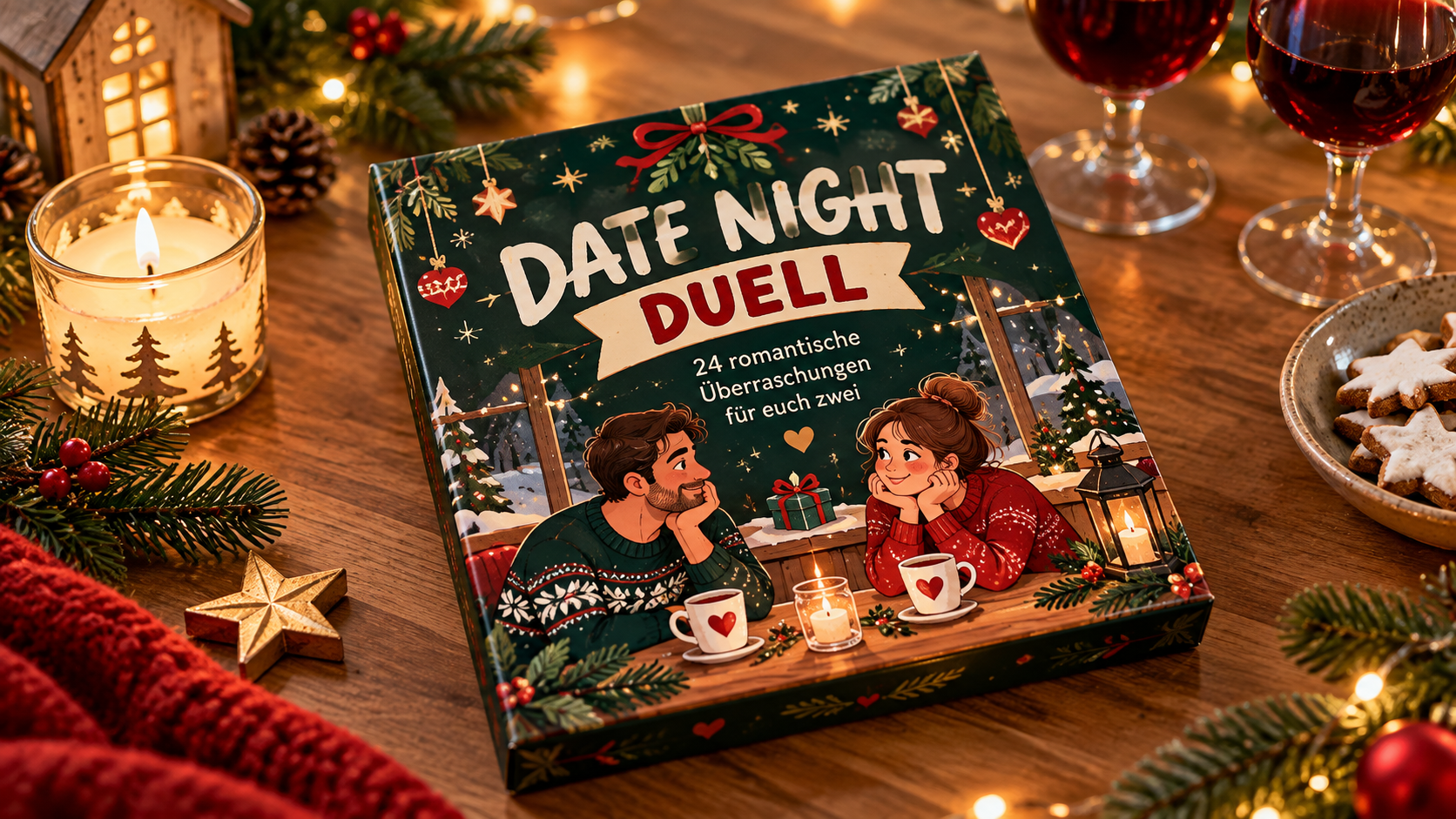 Adventskalender Date Night Duell mit gezeichnetem Paar im Winterhaus, daneben Kerze, Rotweingläser und Plätzchen