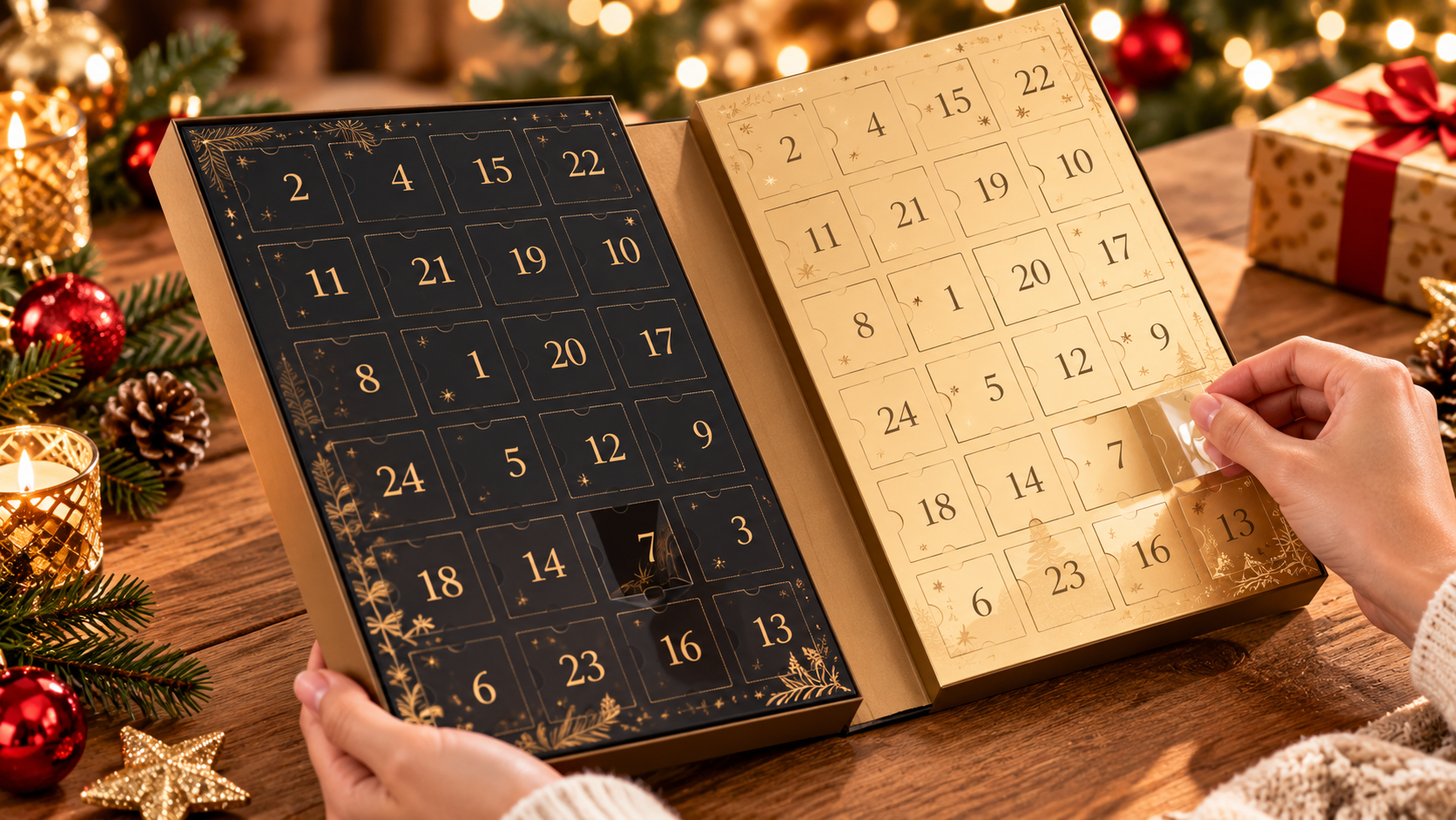 Zwei Schoko-Adventskalender nebeneinander, einer schwarz und einer golden, eine Hand öffnet ein Türchen