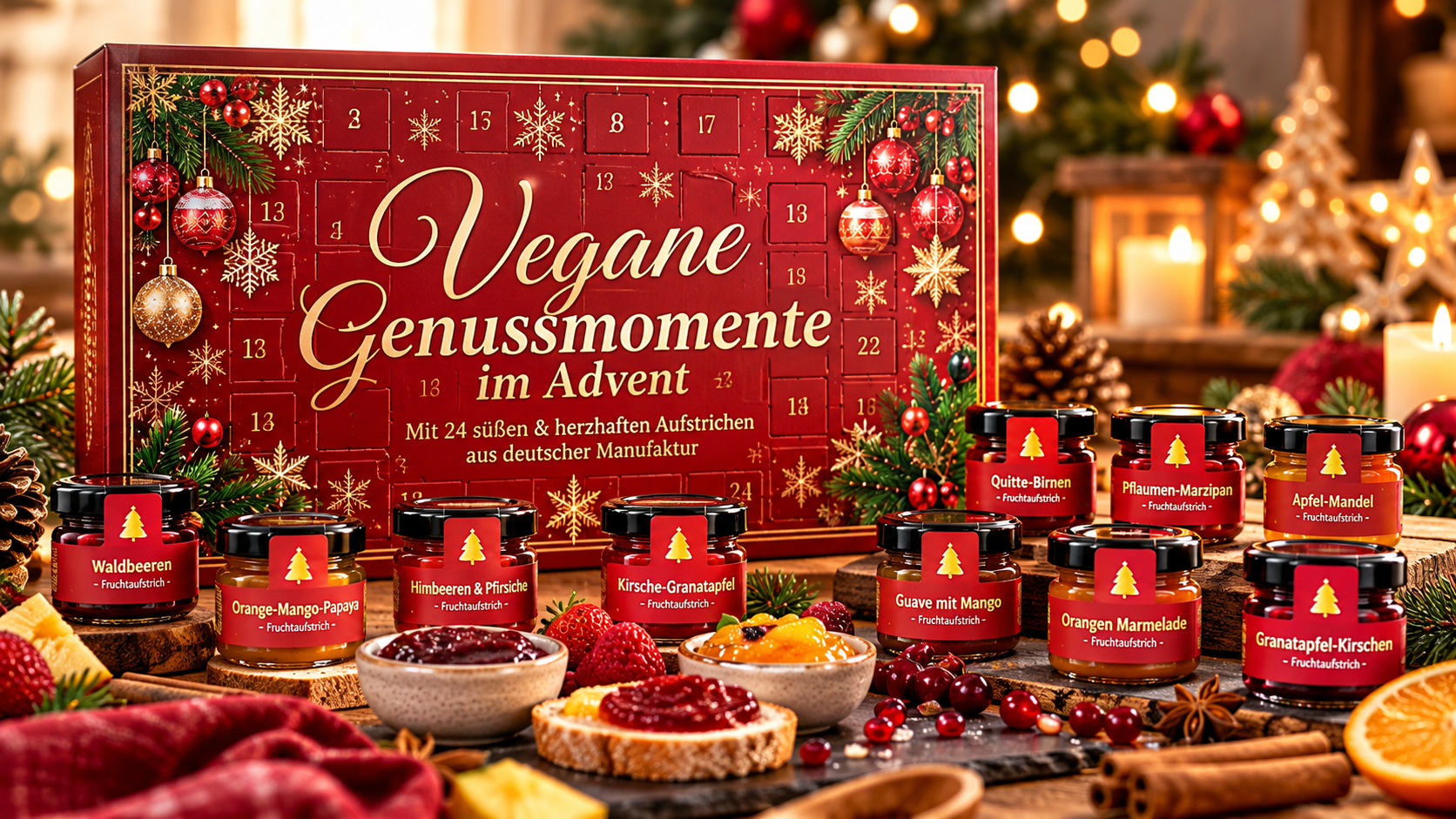 Roter Adventskalender mit veganen Aufstrichen, davor kleine Gläser mit Fruchtaufstrichen und ein Brot mit Marmelade